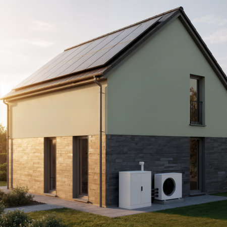 Modern sustainable house with solar panels on the roof and an air source heat pump.の素材