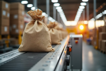 Burlap sacks moving on a conveyor belt in a modern warehouse or distribution center.の素材