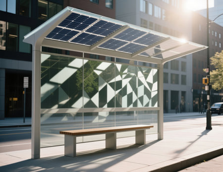 Modern bus stop with solar panels on the roof in a city.の素材