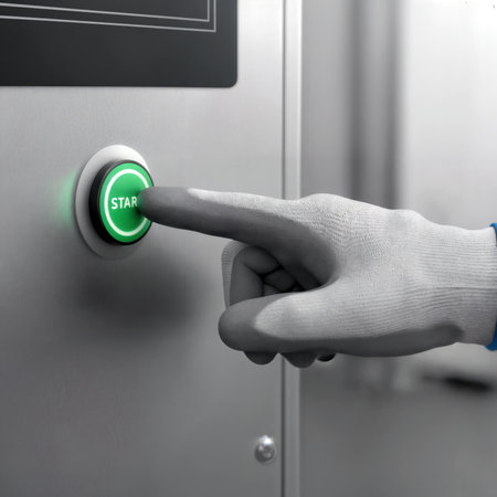 Gloved hand pressing a green start button on a machine control panel.の素材