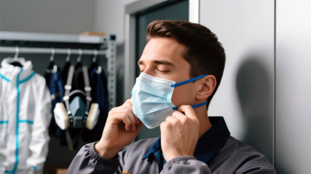 Worker in a uniform putting on a disposable medical face mask.の素材
