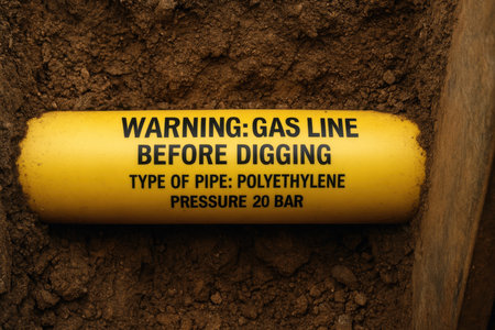 Yellow gas pipeline with warning text in excavation trench.の素材