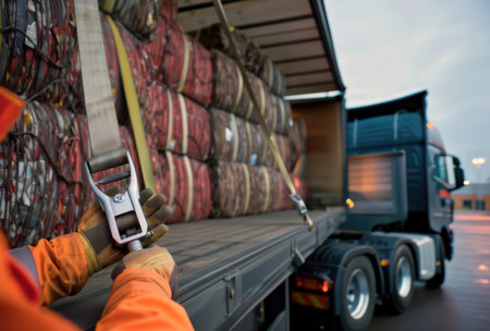 Worker hands tightening ratchet strap to secure cargo bales on flatbed truck.の素材