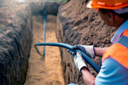 Construction worker in safety gear installing black cable in dirt trench.の素材