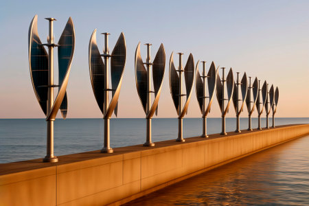 Row of stylized vertical axis wind turbines lining a coastal pier at sunset.の素材