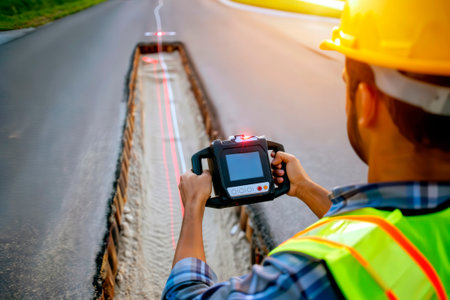 Worker measuring road trench with handheld laser scanning device.の素材