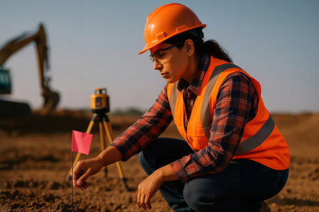 Female surveyor placing marker flag at construction site with laser level background.の素材