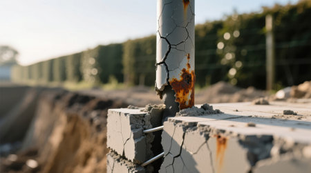 Corroded metal pole with cracked coating protrudes from broken concrete base.の素材