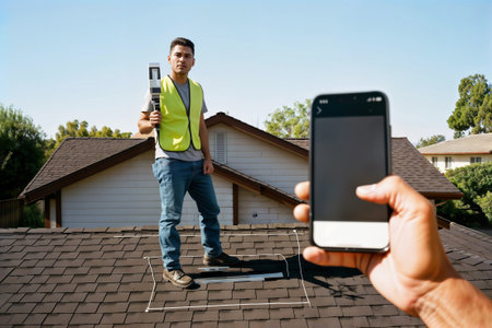 Contractor stands on residential roof with markings while photographed by phone.の素材