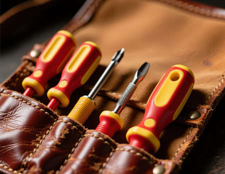 Set of red and yellow handle screwdrivers arranged in a leather tool roll organizer.の素材