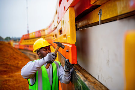 Construction worker assembles orange industrial safety barriers with hammer.の素材