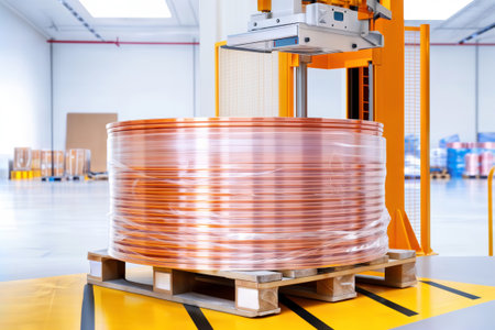Large coil of copper wire on wooden pallet being lifted in factory.の素材