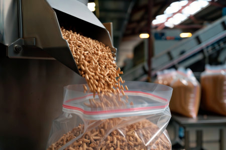 Wood pellets pour from a metal chute into a plastic bag during industrial production.の素材
