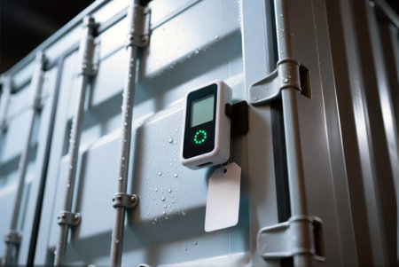 Smart electronic lock device with green indicator mounted on corrugated metal shipping container.の素材