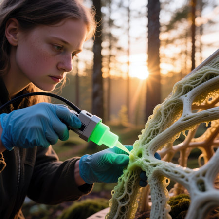 Researcher uses a handheld curing tool on an organic 3D printed structure in a forest.の素材