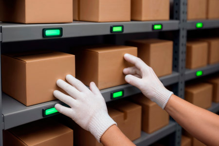 Gloved hands pick box from smart warehouse shelf with green light indicators.の素材