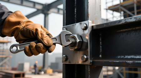 Gloved worker tightening steel beam bolt with wrench.の素材