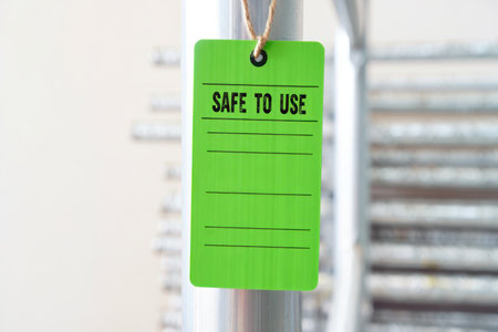 Green safe to use inspection tag attached to scaffolding pipes in a warehouse. Space for text.の素材