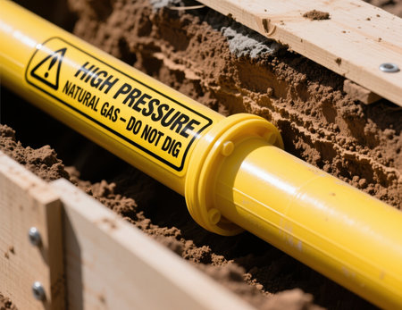 Yellow high pressure natural gas pipeline installed in underground dirt trench.の素材