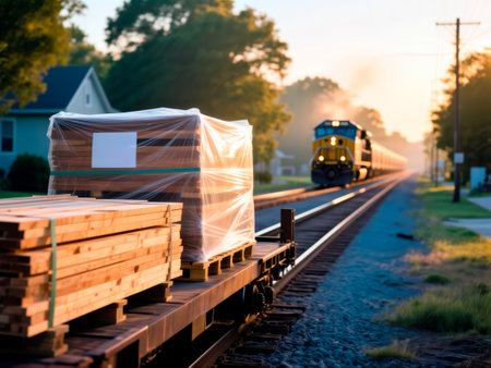 Lumber on freight railcar at sunrise with train approaching.の素材