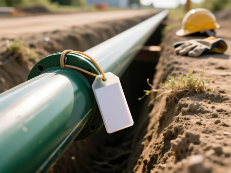 Green industrial pipeline in trench with blank inspection tag attached to flange. Space for text.の素材