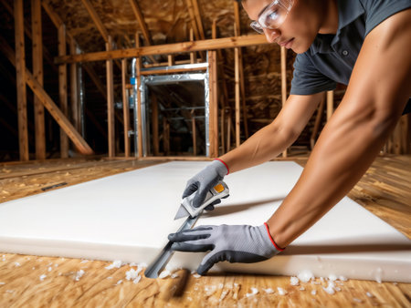 Worker cutting white foam insulation board with knife.の素材