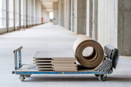 Construction materials on cart in unfinished corridor.の素材