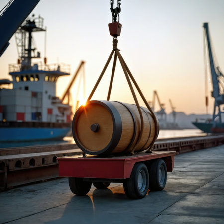 Crane lifting a wooden barrel from a cart at a shipping port at sunset.の素材
