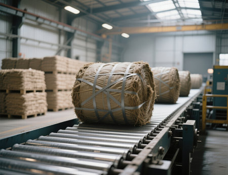 Round jute bales on a roller conveyor in a warehouse.の素材
