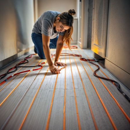 Woman installing electric underfloor heating system in a home.の素材