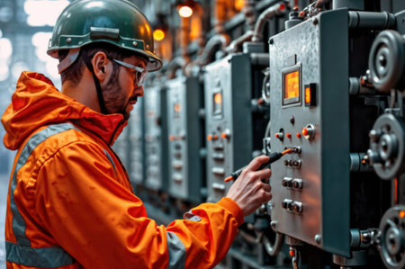 Engineer in hard hat operating an industrial machine control panel.の素材