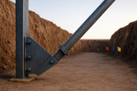 Structural steel support brace for an earth retaining wall on a job site.の素材
