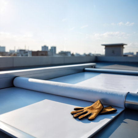 Roll of waterproof membrane and gloves on a flat roof installation.の素材