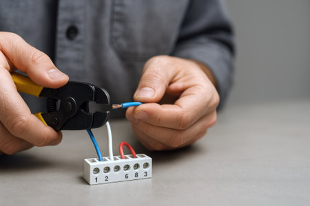 Electrician stripping a blue electrical wire with a tool for a terminal block connection.の素材