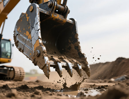 Excavator bucket digging into wet mud at a construction site.の素材