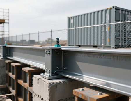 Steel I-beams bolted together on concrete blocks at a building construction site.の素材