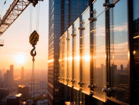 Crane hook and glass facade installation on a skyscraper at sunset.の素材