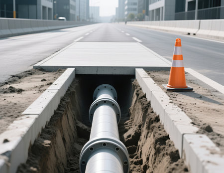New flanged pipe in a trench for utility installation on an urban road construction site.の素材