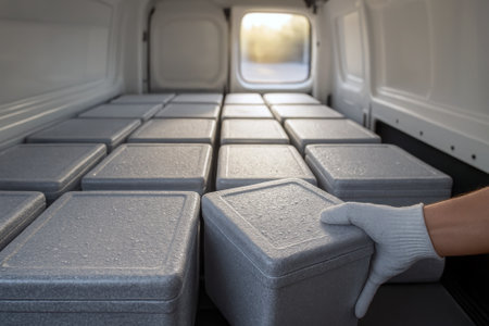 Insulated containers for cold chain logistics arranged inside a delivery van.の素材