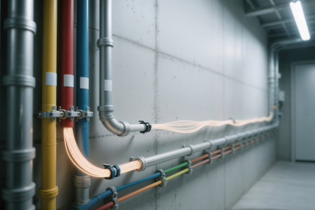 Glowing fiber optic cables running through industrial pipes on a wall.の素材