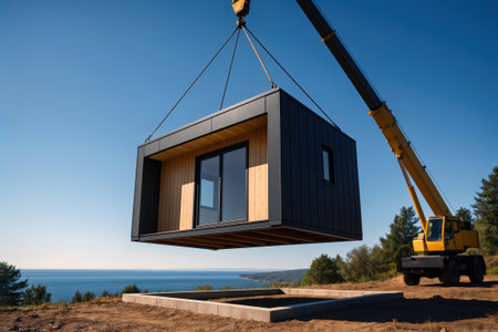 Yellow crane lifting modern black and wood modular home unit onto coastal site.の素材