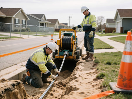 Two workers installing an underground utility cable in a suburban neighborhood.の素材