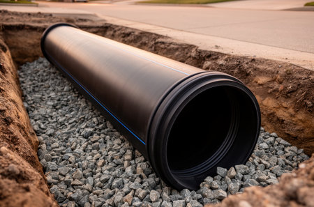 Large diameter plastic pipe in a gravel trench for underground installation.の素材