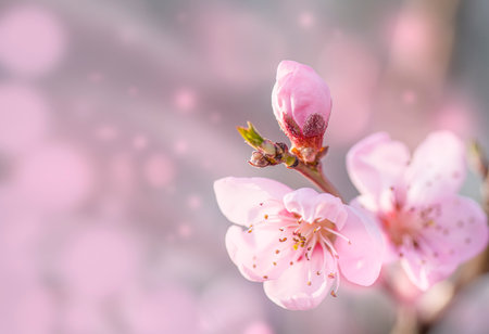 Peach flowers are blooming, creating a stunning spring scenery with soft pink petals and delicate details, capturing the essence of renewal and beauty in natureの写真素材