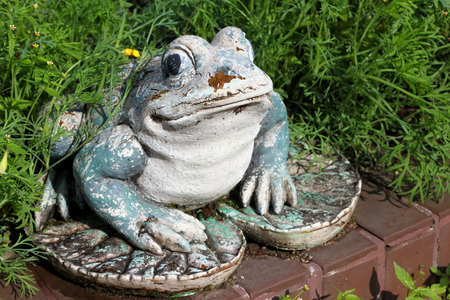 Shabby old frog statue in a garden.の写真素材