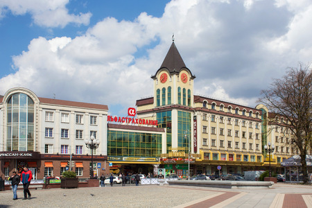 RUSSIA, KALININGRAD - APRIL 29, 2016: Kaliningrad Passage building on Victory Square in the center of Kaliningrad. Until 1945, the city was a part of Germany and was called Koenigsberg. After the Second World War as a part of Russia and renamed Kaliningraのeditorial素材