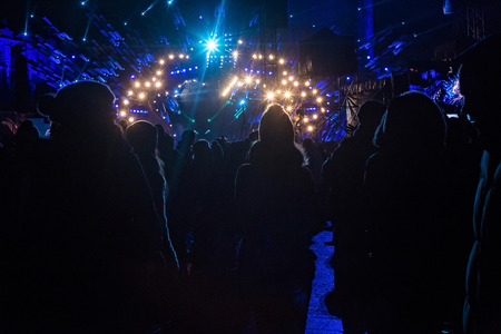POLAND, KRAKOW - JANUARY 01, 2015: Celebrating the New Year 2015. People watch the festive show on the Main Market Square in historical center of Krakow.のeditorial素材