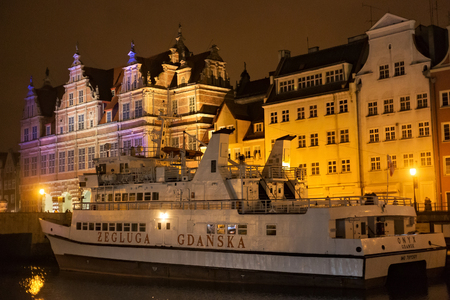 POLAND, GDANSK - DECEMBER 12, 2014: Passenger ship on the the Motlawa river in the background of the...