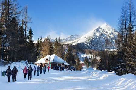 SLOVAKIA, STRBSKE PLESO - JANUARY 06, 2015: View of the Predne Solisko Mountain from ski resort Strbske Pleso. The Predne Solisko (2093 m) is the last peak of the Solisko comb (High Tatra Mountain).のeditorial素材