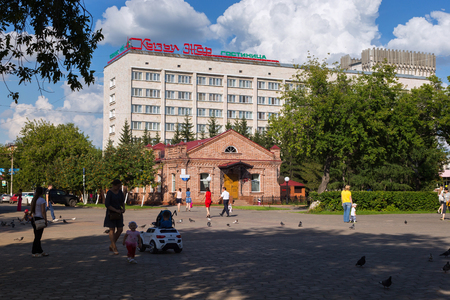 PETROPAVL, KAZAKHSTAN - JULY 24, 2015: Downtown of the city near Kyzyl Zhar Hotel. Petropavl is a city in northern Kazakhstan close to the border with Russia.のeditorial素材